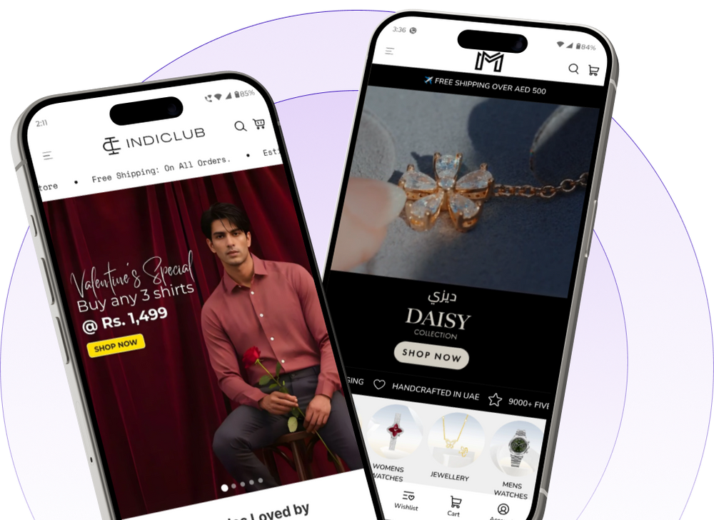 Two smartphones displaying e-commerce storefronts side by side. The left phone shows the INDICLUB clothing store with a promotional image of a man in a pink shirt.