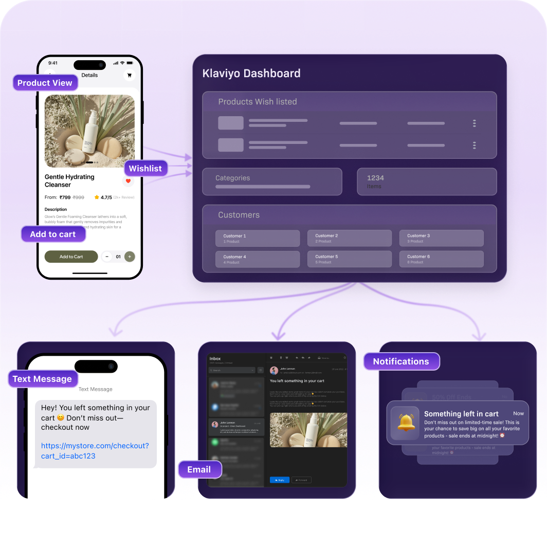 Klaviyo dashboard and various touchpoints 